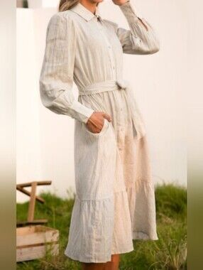 NWT - Flax-Linen Frieeah Ivory Midi Shirtdress with Pockets & Belt - Size XL